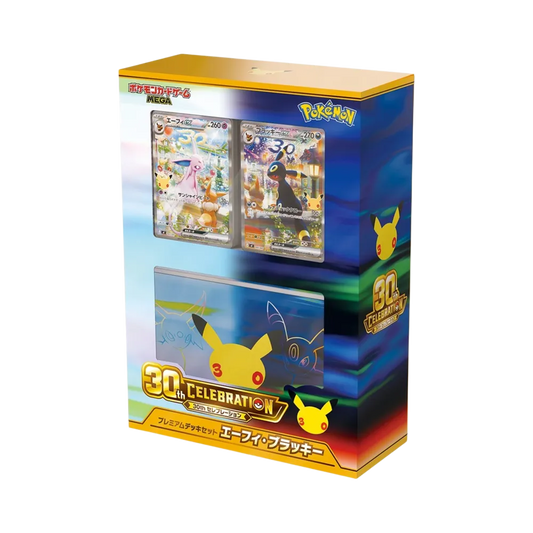 Coffret Pokémon japonais 30th Celebration Premium Deck Set Mentali et Noctali, avec deux decks de 60 cartes et accessoires du 30e anniversaire